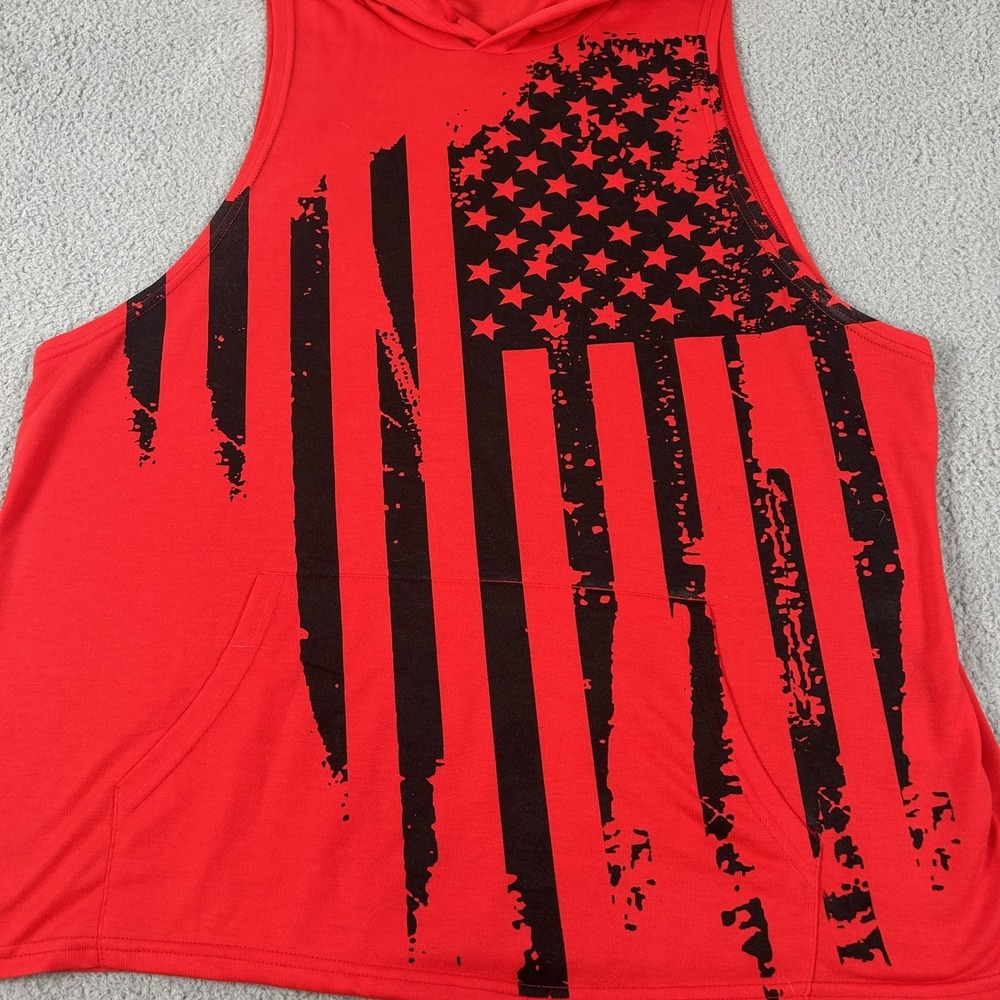 American Flag Tank Top Mens 2XL Red Hooded Sleeveless Pocket USA Patriotic Gym - Picture 6 of 15